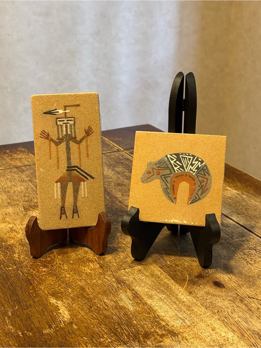 Vintage Southwestern Sand Art Set Kachina Healing God & Bear Signed Decor Signed